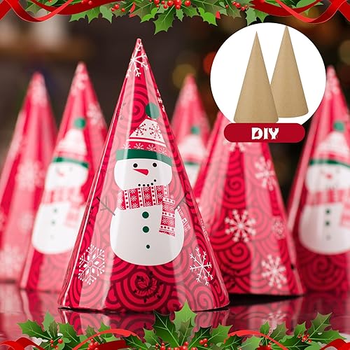 Miniatura 5 de Zhanmai 12 conos de papel de Navidad con parte inferior abierta, conos de cartón para manualidades, papel de Navidad para árboles de Navidad,