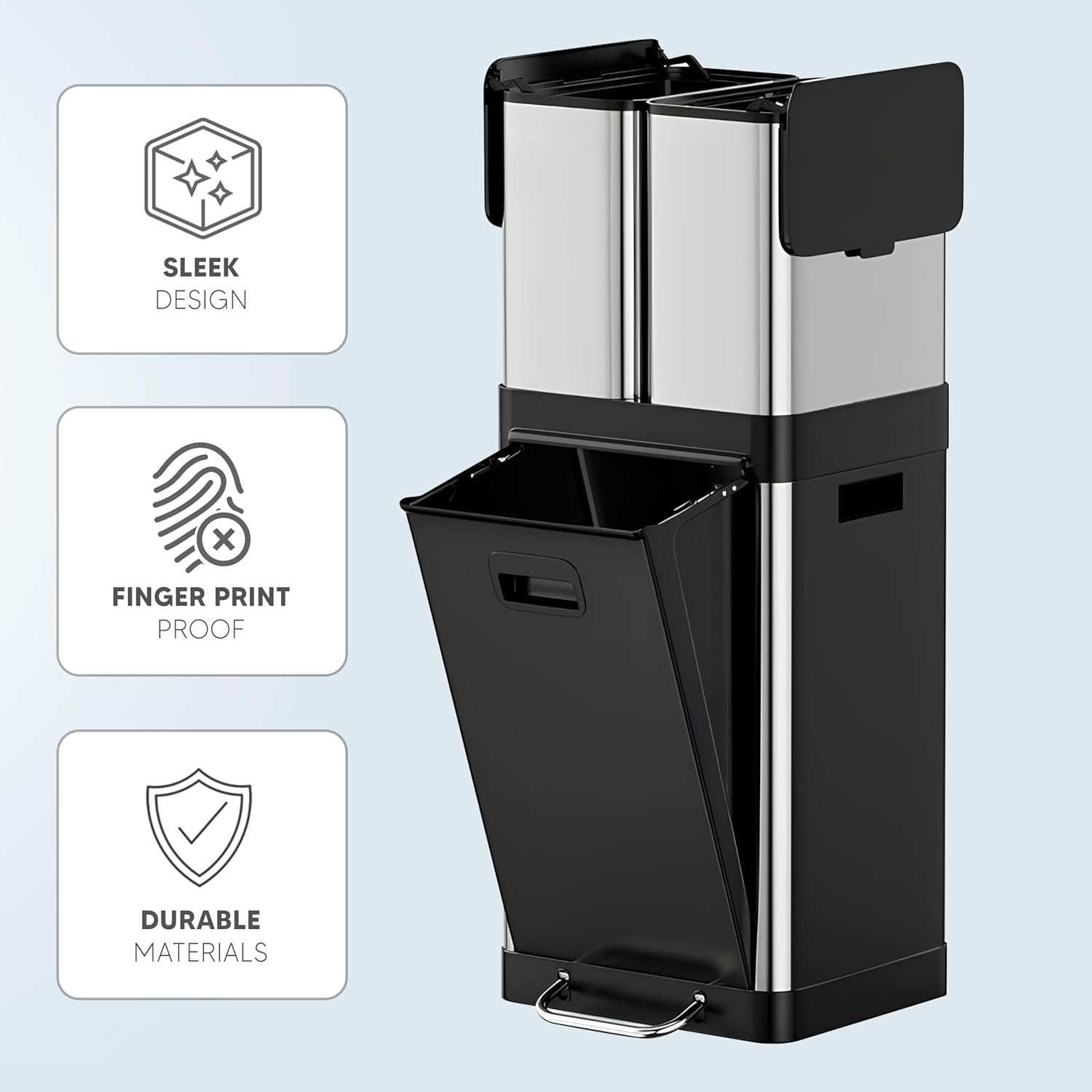 HOLDN’ STORAGE Trash & Recycling Bin for Home Kitchen - Removable Buckets, Stainless Steel with Fingerprint-Proof Finish & Soft-Close (32L - Pedal-Operated) - Image 4