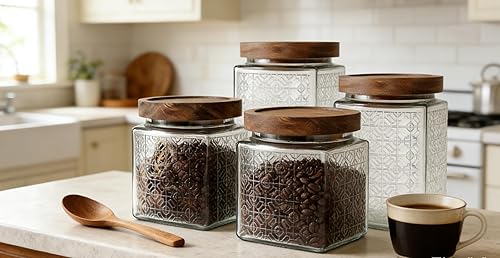 Miniatura 2 de NUTRIUPS Tarros de vidrio con tapas de madera, tarros cuadrados con tapas, juego de 2 tarros de vidrio vintage (ventana de rejilla, cuadrados)