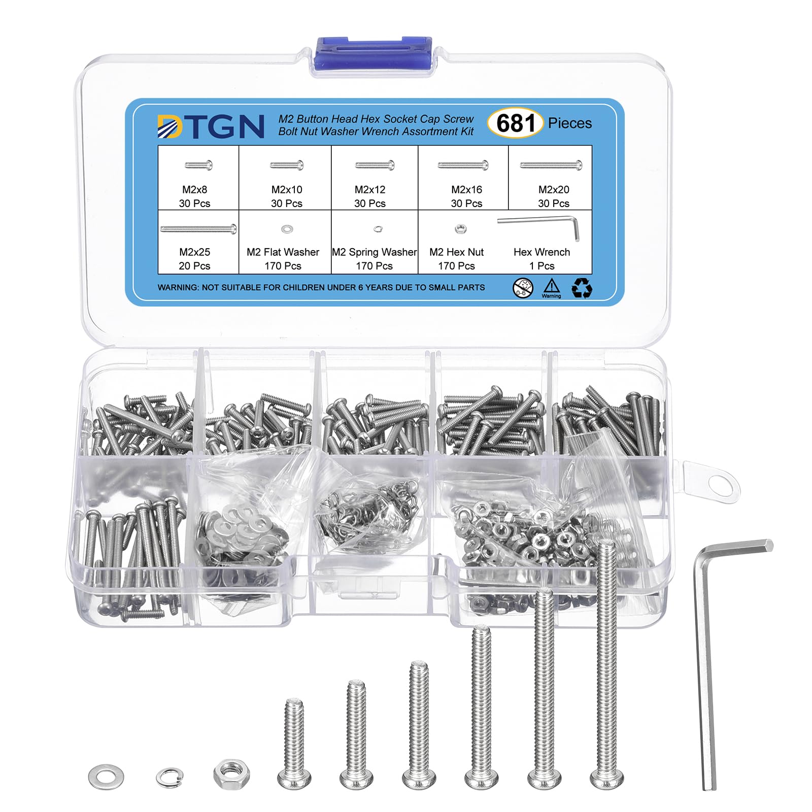 DTGN 681Pcs M2 Button Head Hex Socket Cap Screw, 8-25mm Bolt Nut Washer Wrench Assortment Kit 304 Stainless Steel