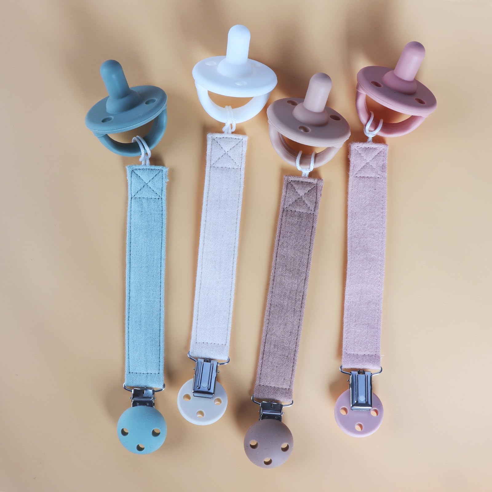 Catenella per ciuccio, portaciuccio in cotone e clip in silicone per ragazze e ragazzi, catenella portaciuccio per bambini, senza BPA, confezione da 2 (caramello + rosa scuro)