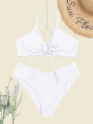 Miniatura 3 de SherryDC Conjunto de bikini para mujer, con corte sexy en V, de 2 piezas, con tirantes, de corte alto, traje de baño