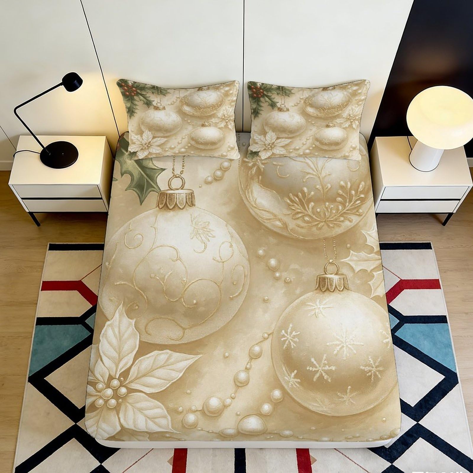 3D Printed Champagne Gold Christmas Bauble Fitted Sheet Microfiber Soft Floral Ornament Bed Cover for Bedroom Dorm Decor 90x200x25cm