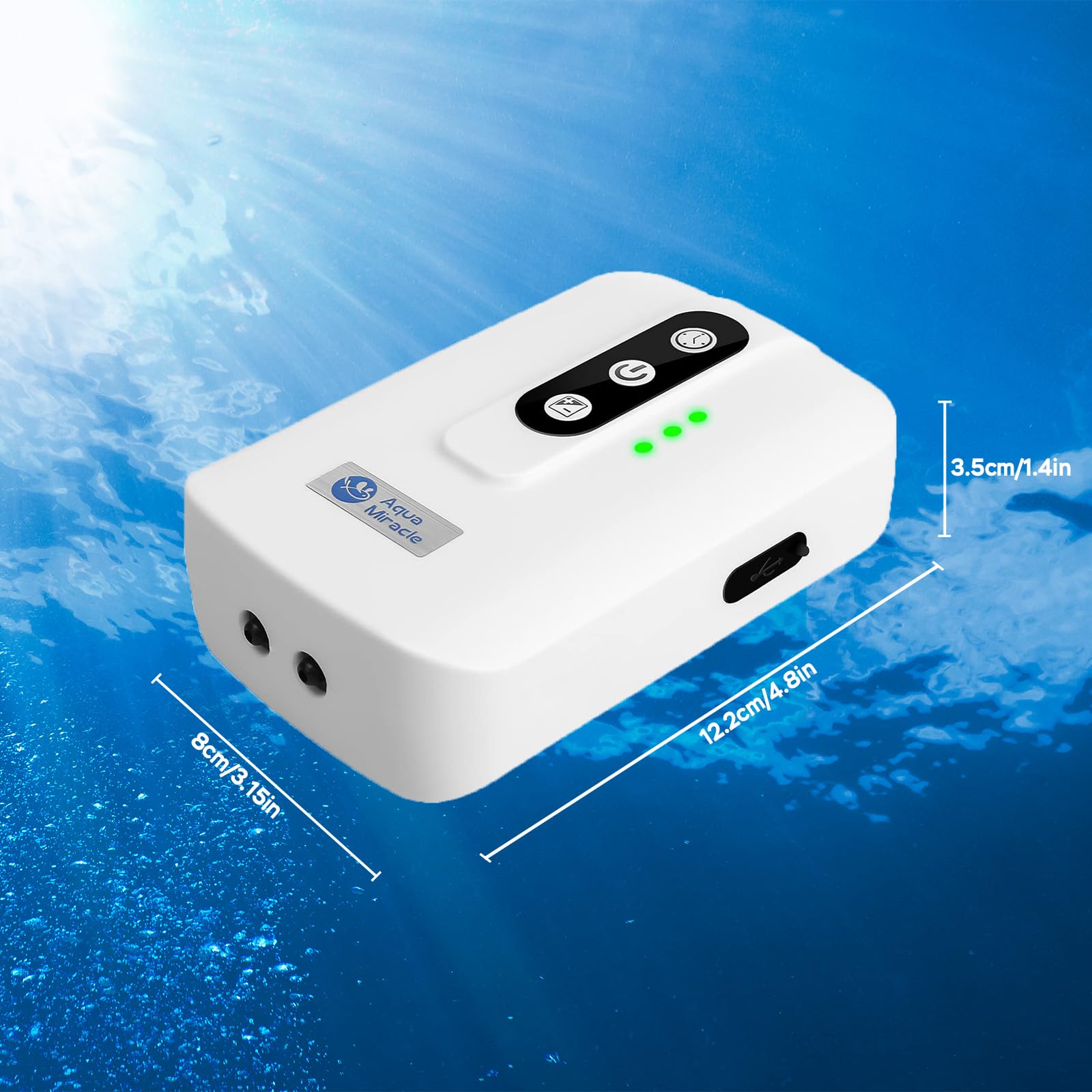 AquaMiracle Bomba de aire portátil de doble salida de batería de litio para acuarios de hasta 120 galones, modo dual CA/CC, bomba de oxígeno recargable por USB, para pesca, cortes de energía y
