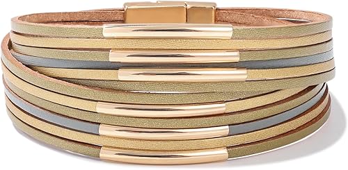 FANCY SHINY Pulseras de cuero boho apilables con cierre magnético