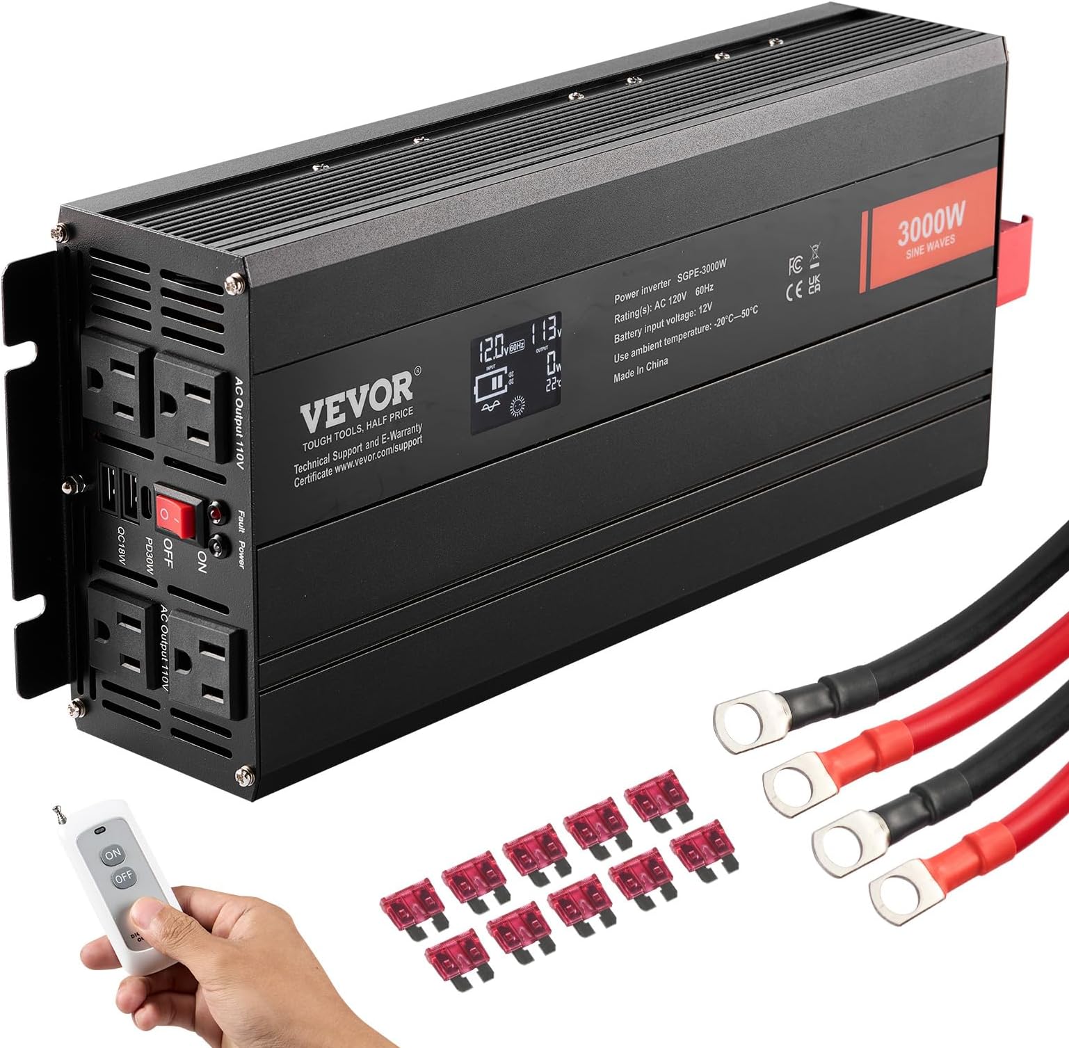 VEVOR 3000W Pure Sine Wave Inverter, DC 12V to AC 120V Power Inverter for Truck RV Off-Grid, Car Inverters with 4 AC, 2 USB, Type-C Port, LCD Display and Remote Controller for Large Home Appliances