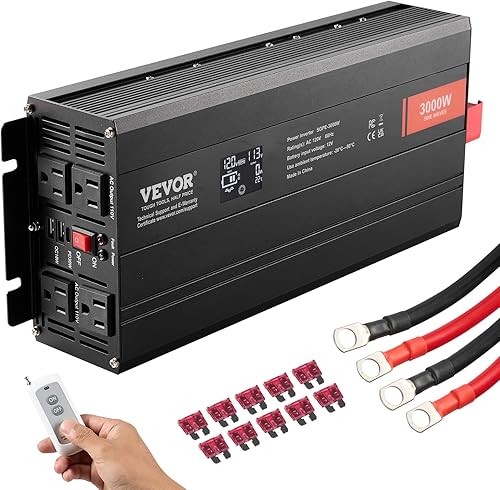 Miniatura 10 de VEVOR Inversor de onda sinusoidal pura de 2500 W, inversor de automóvil de 12 V CC a 120 V CA, 3 salidas de CA, puerto USB, pantalla LCD, control