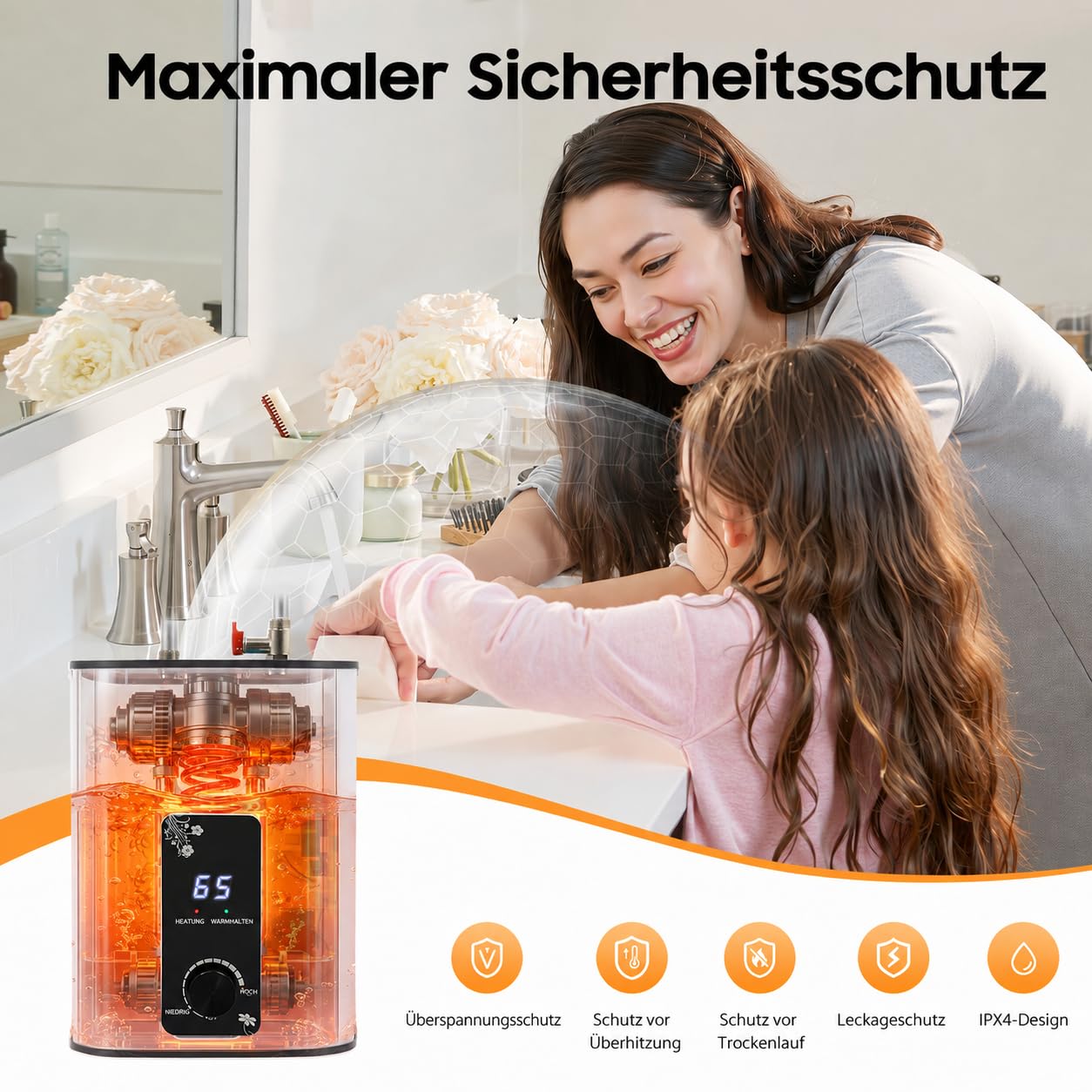 Warmwasserspeicher 8L Untertisch Boiler 1500W Kleiner Druckfester Warmwasserspeicher mit Thermostop-Funktion Untertischboiler 0-65℃ Einstellbarer Temperatur Einstellbar für Küche Bad (8L)
