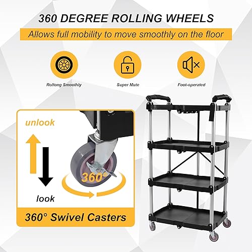 Miniatura 7 de ELEVON Carrito de servicio plegable portátil plegable de servicio de 3 niveles, carrito plegable de empuje, carros utilitarios plegables con ruedas