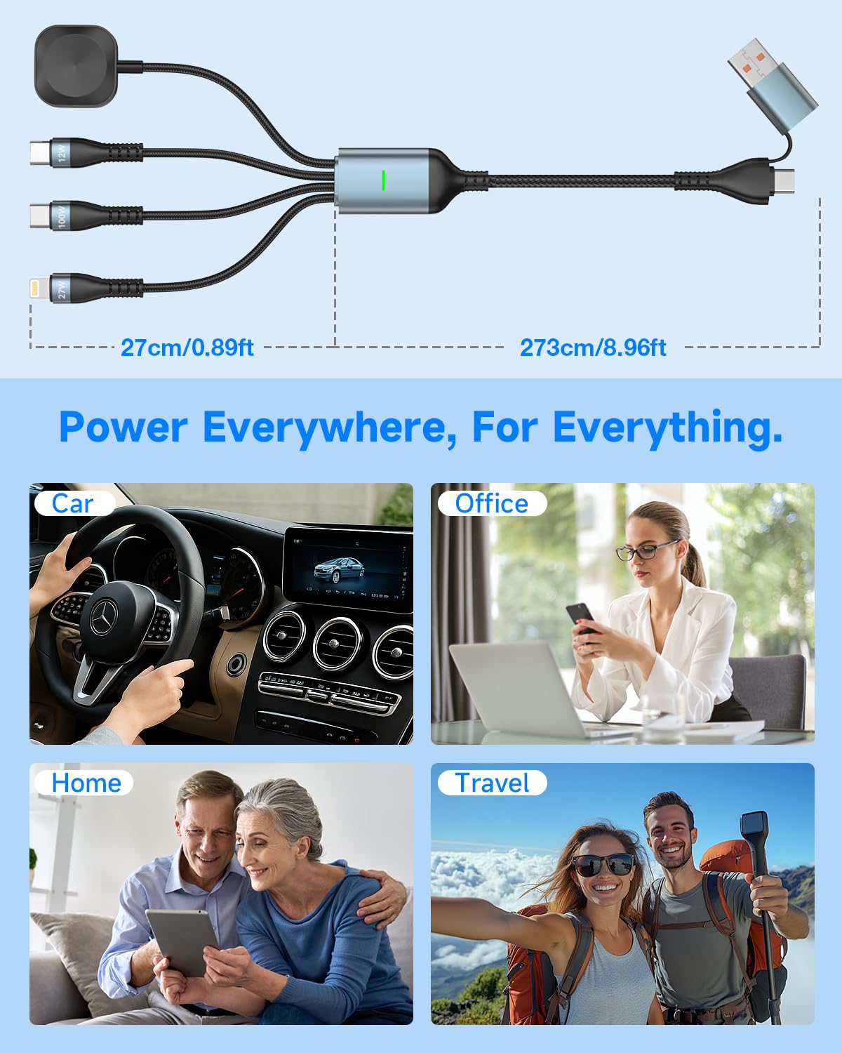 Kabel wielokrotnego ładowania 100 W, szybka ładowarka 4 w 2 do Apple Watch z 4 portami (Lightning/Dual USB-C/iWatch Charger), kabel do ładowania 3 m długości do iPhone'a, iPada, tabletu, Apple