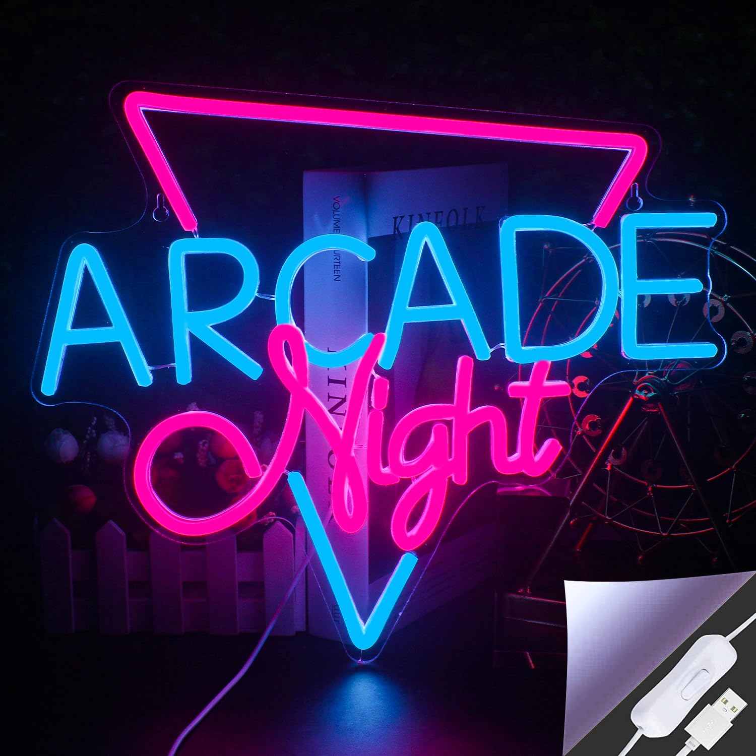 Looklight Arcade Night Neon Sign Game Room Neon Sign Blue Pink Led Neon Signs for Wall Decor USB Letter Neon Light for Bedroom Game Zone Bar Party, Game Room Wall Decor,Gift for Gamer Lover