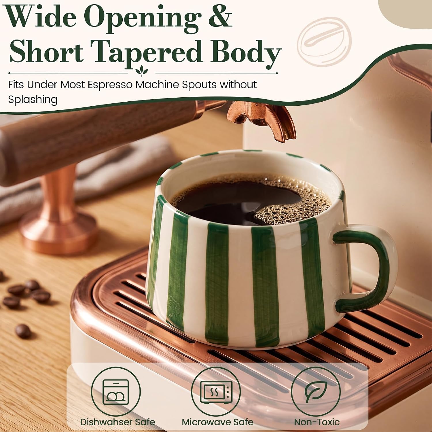 3 Pcs Ceramic Coffee Cup and Saucer Spoon Set with Green White Striped Coffee Mug, Walnut Wood Saucer, Stainless Steel Spoon for Cappuccino Latte Art Espresso Tea Party Favors Gift