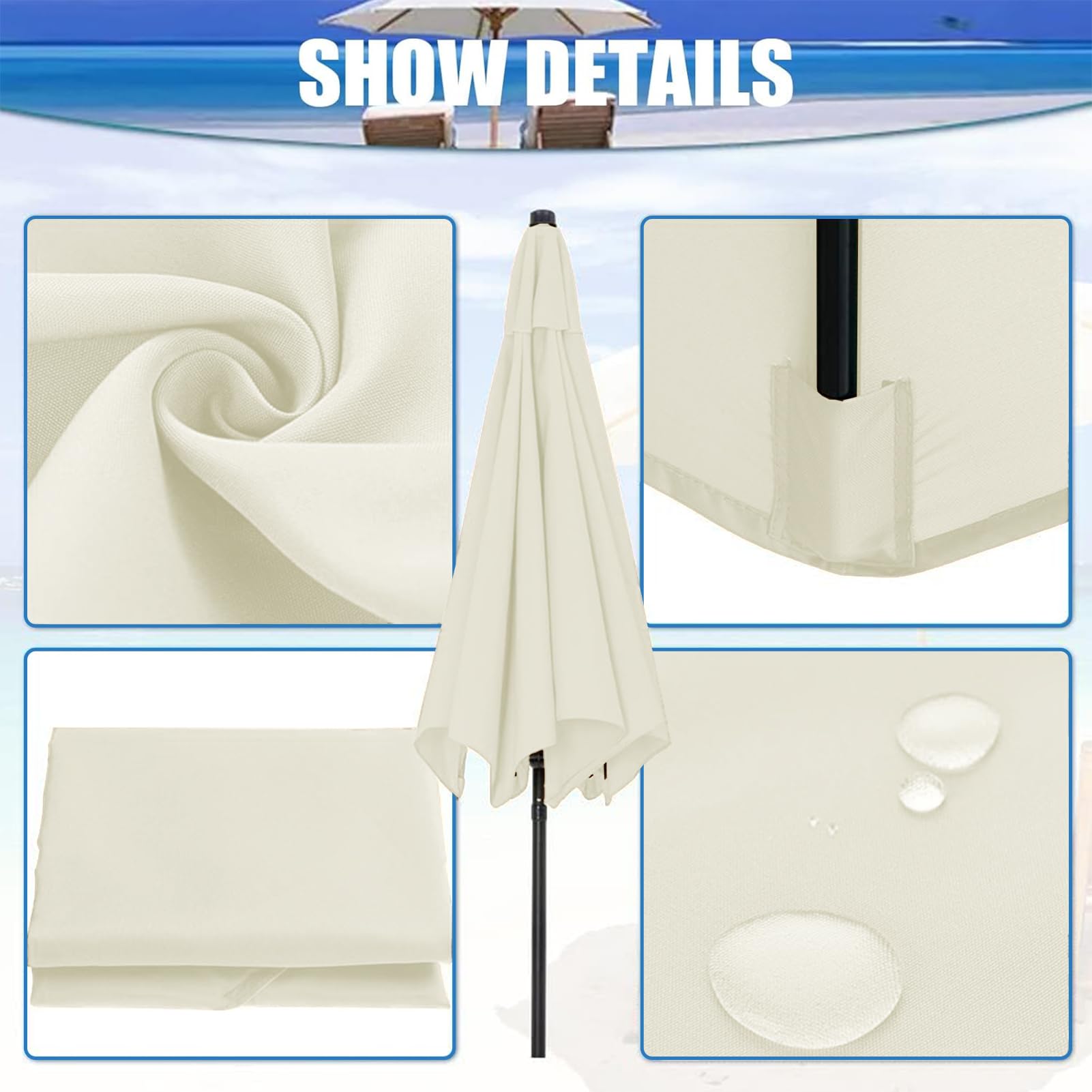HULG Tettuccio per Ombrellone di Ricambio, 2 m / 2,7 m / 3 m, 6 Bracci, Tettoia di Ricambio, Copertura di Ricambio per Ombrellone da Giardino (Beige,3M / 9.8Ft)