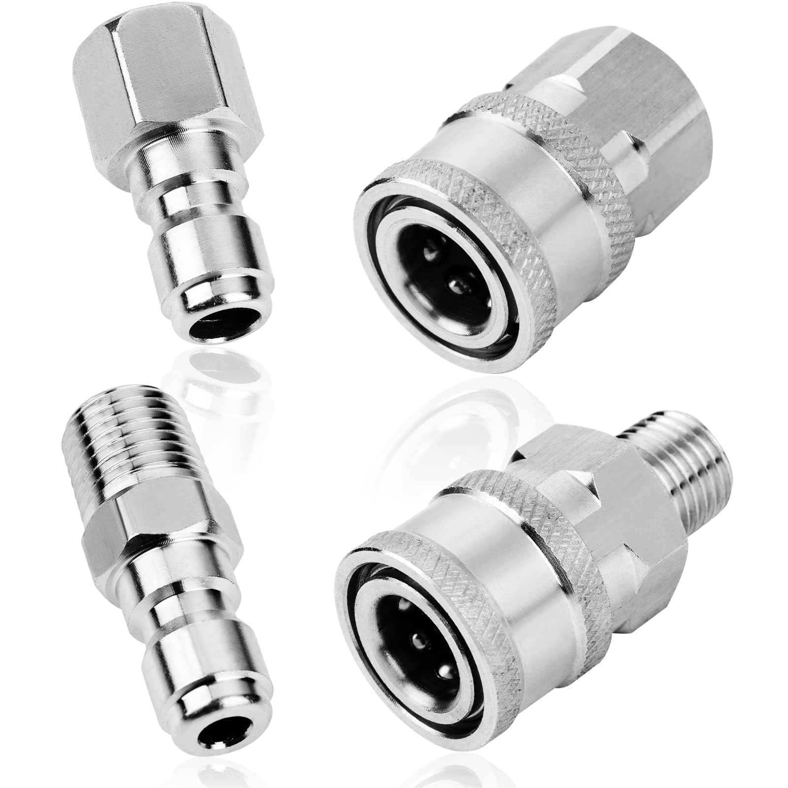 AXIYIBZI 2 Sets NPT 1/4 Inch Pressure Washer Coupler Quick Connect Plug Stainless Steel Male and Female Quick Connect Fittings Pressure Washer Adapter Set (Internal Thread, External Thread) (1/4 inch
