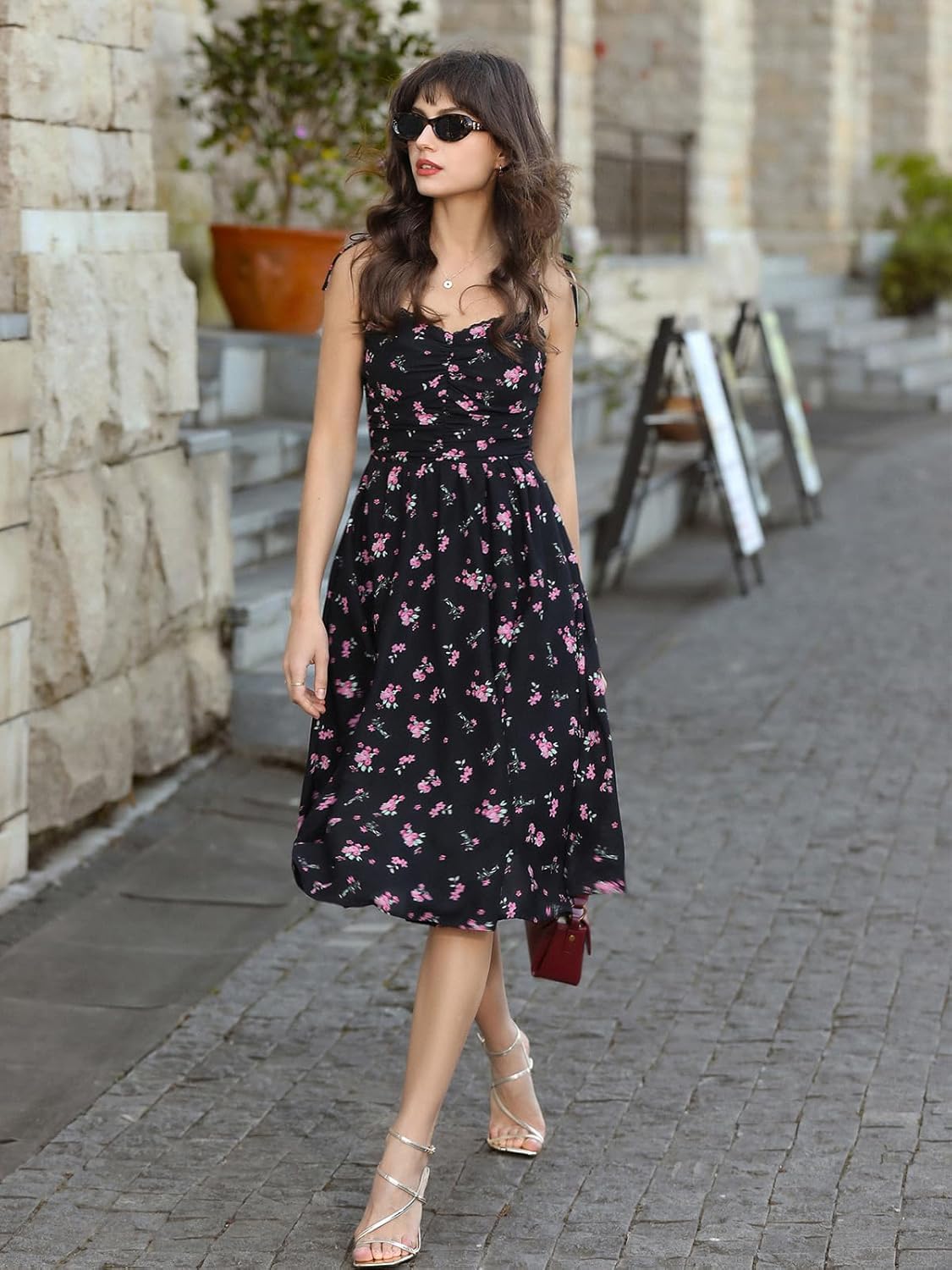 Belle Poque Women Spring Summer Wedding Guest Dress 2026 Floral Midi Tea Party Spaghetti Ruched Sun Dresses - Image 3