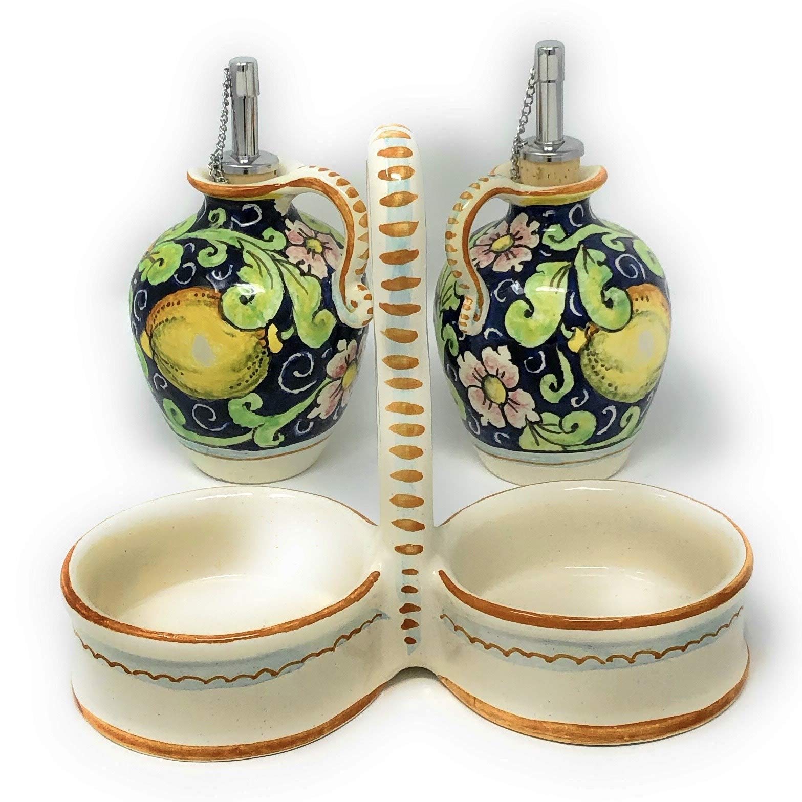 CERAMICHE D'ARTE PARRINI - Italian Ceramic Set Oil Cruet Vinegar Art Pottery Hand Painted Made in ITALY Tuscan