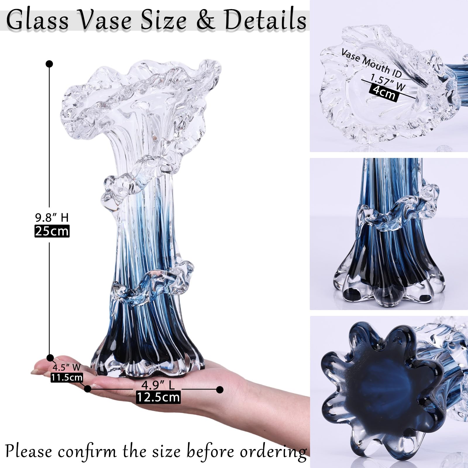 Vase en verre soufflé à la main bleu, art unique, magnifique vase en verre océan pour la maison, centre de table, table basse de salon, décoration de bureau - 24,9 cm H (moyen)