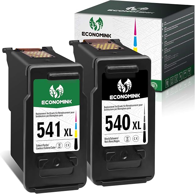 Economink 540 541 Printer Ink XL, 540XL 541XL Twin Pack Remanufactured for Canon 540 and 541 Ink Cartridges, PG-540 Black and CL-541 Colour, for Pixma TS5150 MG3650s MG3600 MX475 MG3650 TS5151 MG4250