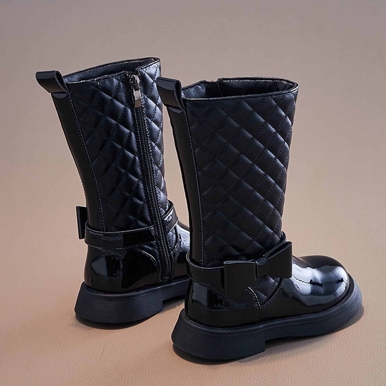 Botas Niña Otoño e Invierno Moda Botas Alta de Piel con Cremallera Lateral Cómodas Bota Media Caña de Charol Cálido Elegante Botines Planos de Puntera Redonda Suela Antideslizante Zapatos Exterior