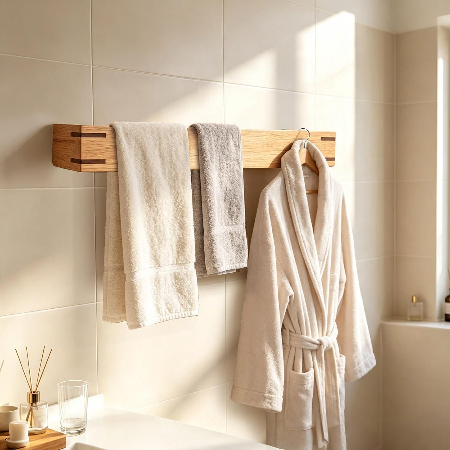 Wooden Towel Holder for Bathroom Wall Mounted, Rustic Farmhouse Wood Towel Rack with Shelf, Hand Towel Holder for Kitchen,Natural Finish