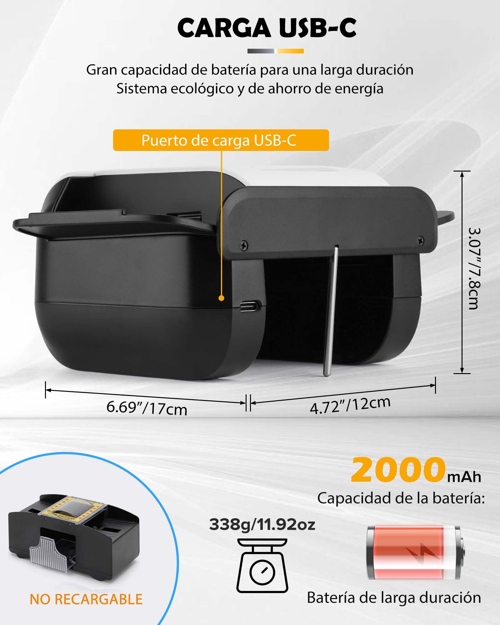 Barajador de Cartas Automático, Mezclador Eléctrico para 1-2 Barajas Modo Automático y Manual Recargable 2000mAh Bajo Nivel de Ruido para Póquer UNO Blackjack Skip-Bo Phase 10 Texas Hold'em