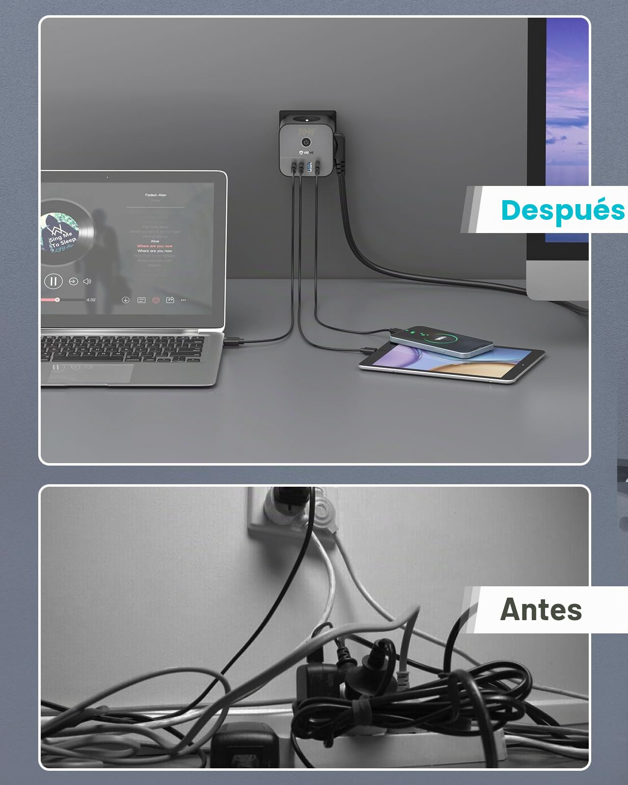VEFVE Regleta Tipo E (Estándar Francés) 70W GAN, Cubo Enchufe Múltiple 7 en 1 Sin Cable con Interruptor, Carga Rápida para iPhone 17, MacBook, Galaxy, Negro