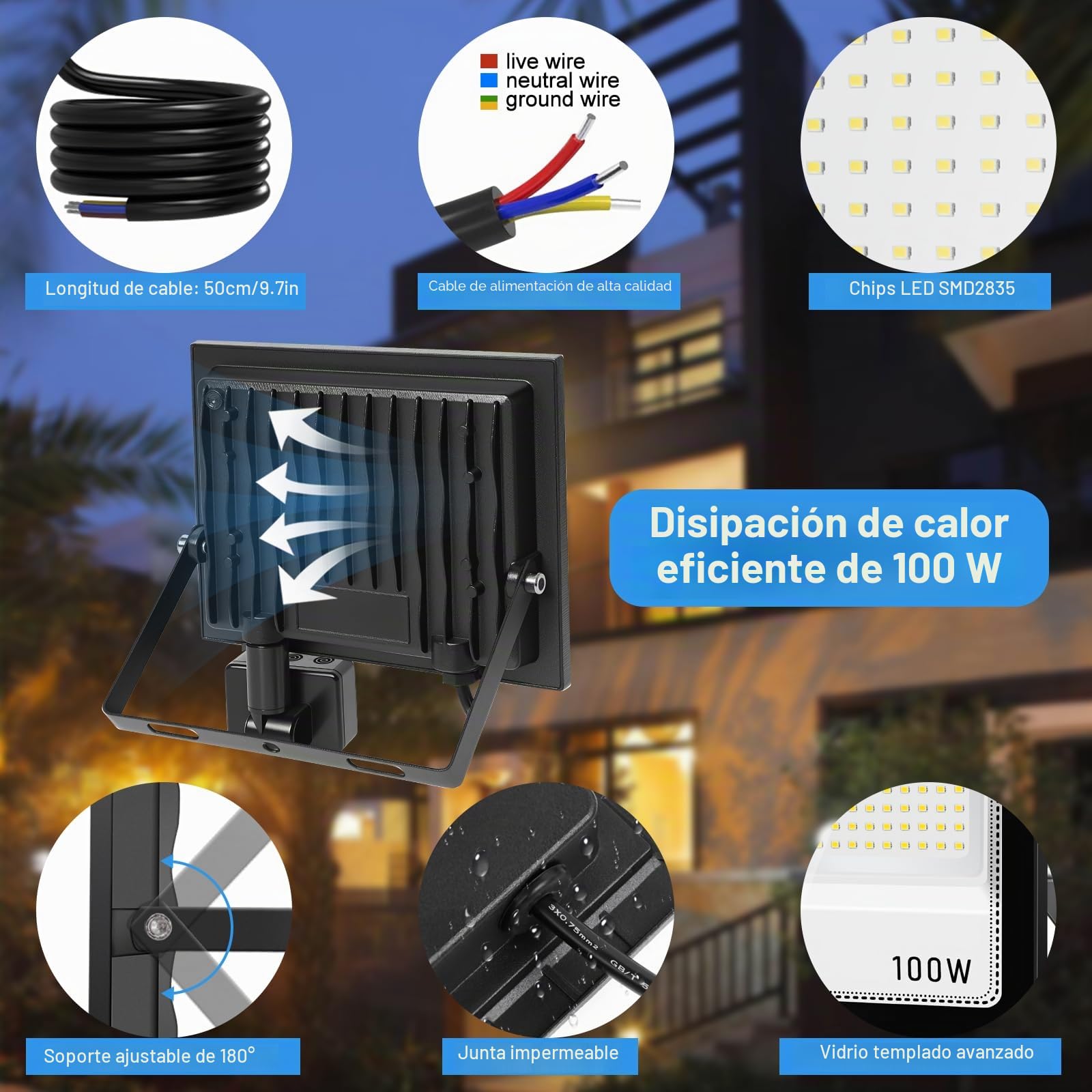 Foco Led Exterior con mando a distancia 100W，Focos Led con Sensor Movimiento, Iluminación de Exterior Seguridad,7000K Blanco Frío, IP67 Impermeable 10000LM, para Patio, Garaje, Entrada