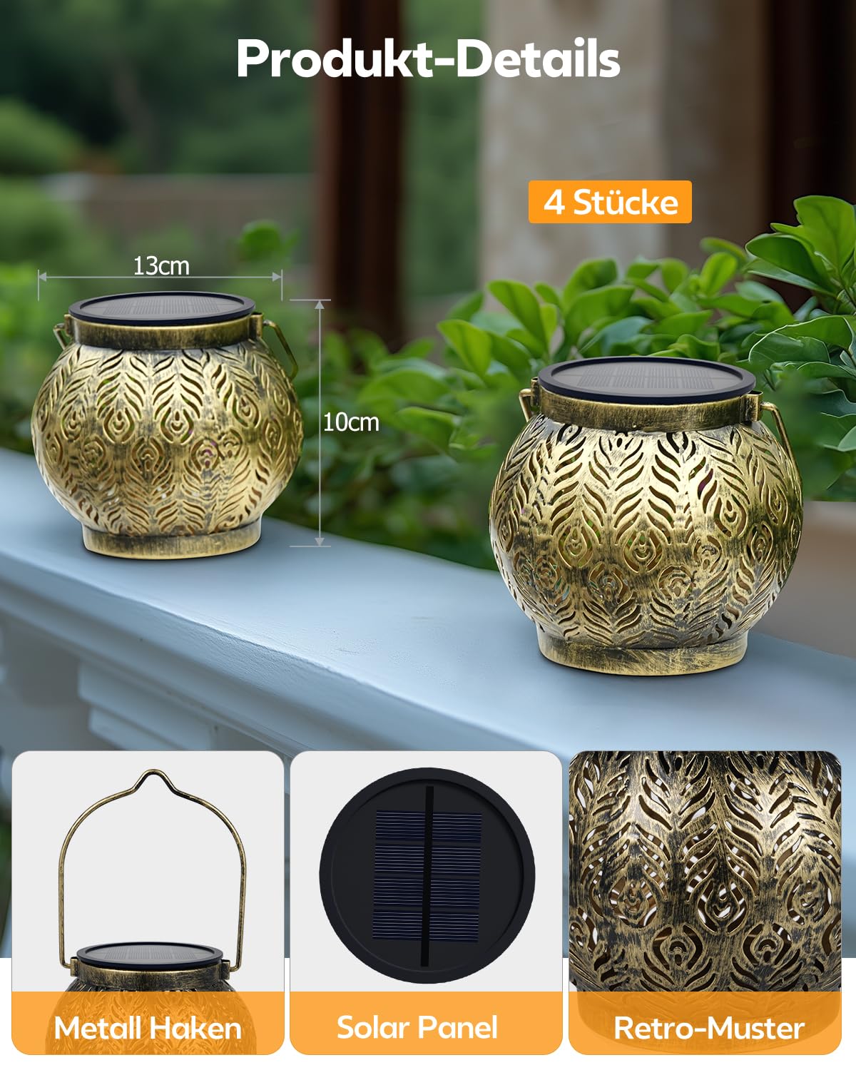 Bonsery 4 unidades de farolillos solares para exteriores, IP65, resistentes al agua, lámparas solares para exteriores, jardín, de pie y colgante, lámpara solar para exteriores, orientales, para porche