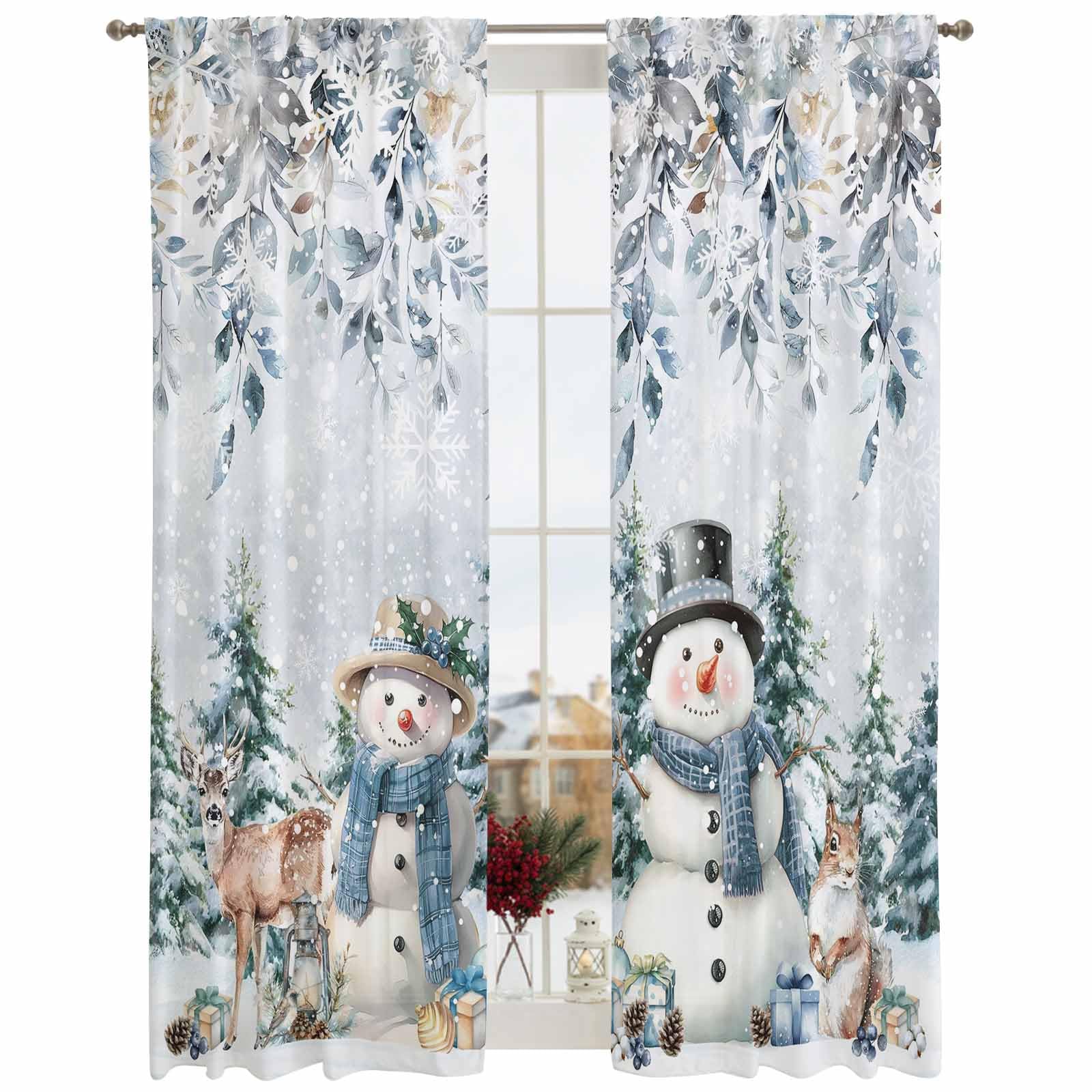 Christmas Sheer Curtains for Living Room 2 Panels, Snowman Elk Squirrel Snow Pine Tree Voile Curtain Drapes for Bedroom Light Filtering & Privacy Winter Holiday Window Treatment W52 x L84, Set of 2
