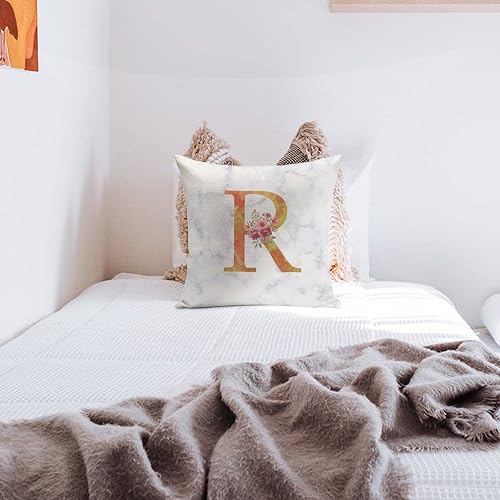 Miniatura 8 de TiuKiu Fundas de almohada personalizadas con monograma floral dorado de 22 x 22 pulgadas diseño de flores de rosas de acuarela letra R decoración de