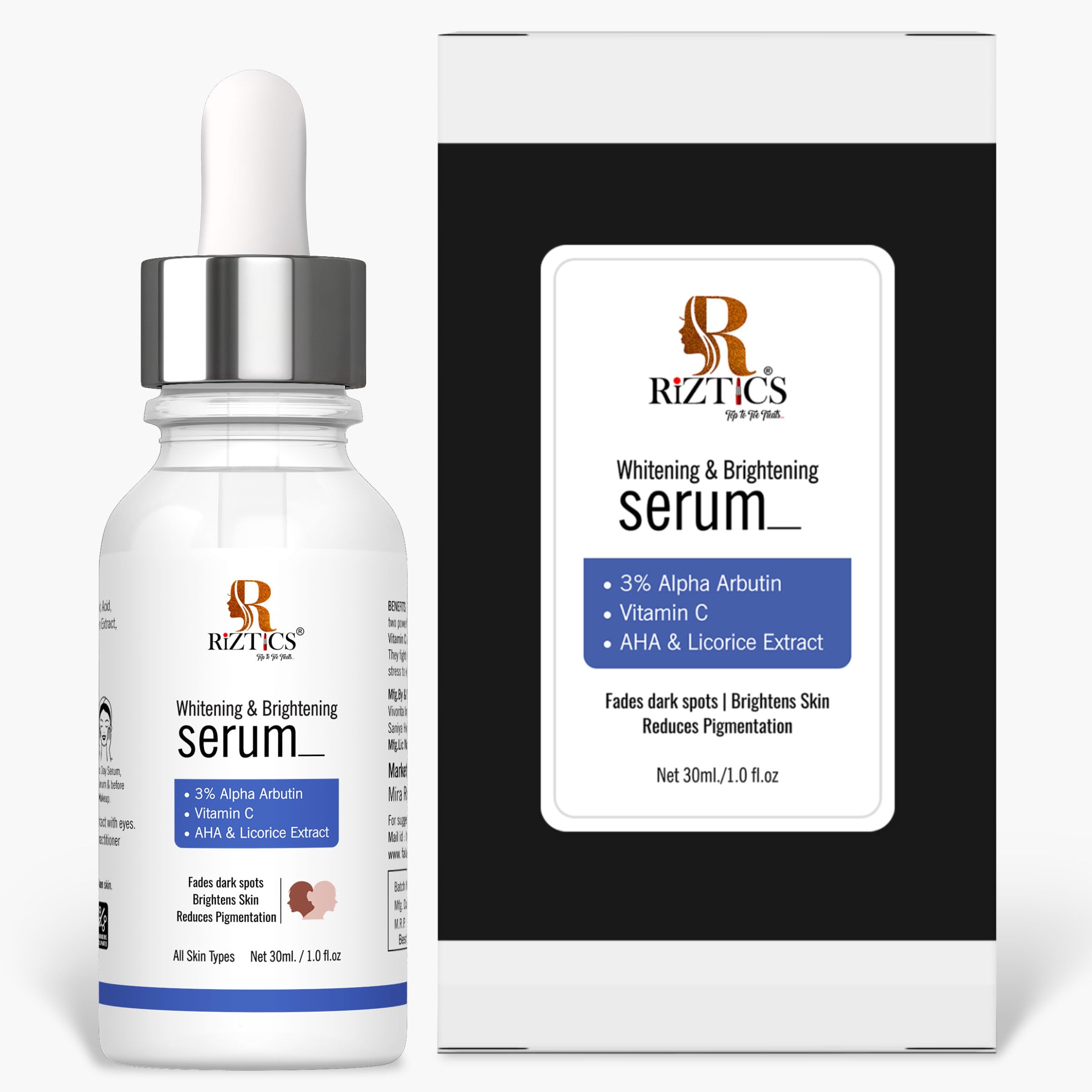 Whitening Serum With Alpha Arbutin & Vitamin C For Skin Brightening Fades Spots, Reduces Blemishes 30ml - By Riztics