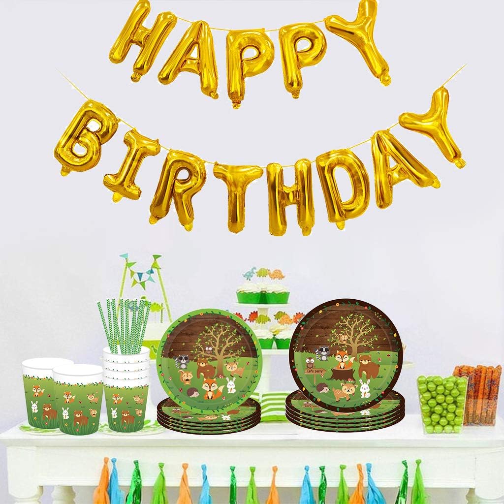 NEI Forest Animal Theme Tableware Set,69Pcs Kids Birthday Party Supplies Including Animal Plates,Paper Cups Plates, Napkins,Straws for Kids Animal Themed Party Decoration Serves 8 : Toys & Games
