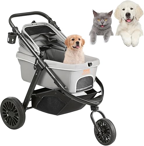 Miniatura 11 de VEVOR Carriola para mascotas, capacidad de peso de 35 libras, carrito de perro plegable, carritos para gatos de 3 ruedas con ventanas de malla y