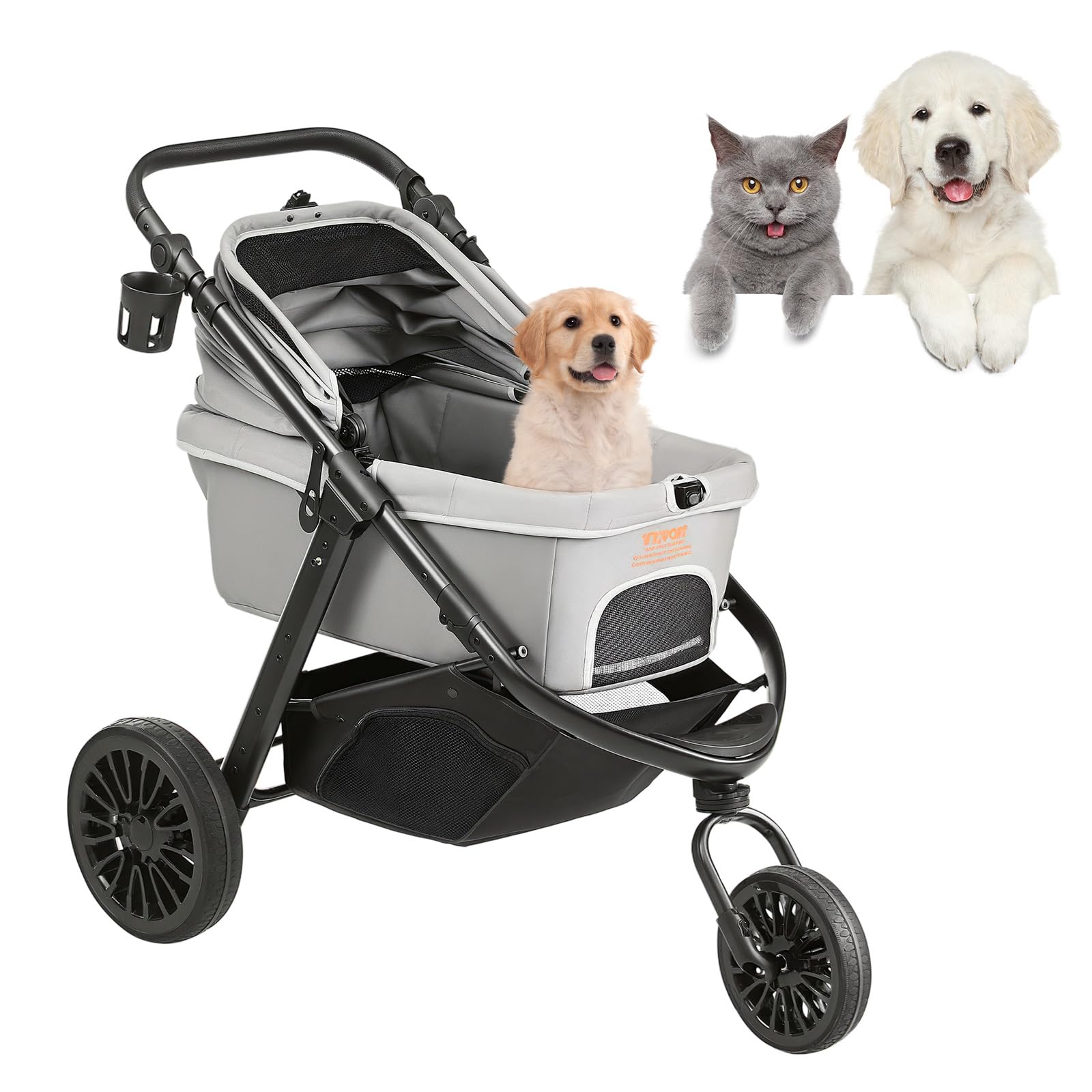 VEVOR Large Pet Stroller for Dogs Cats up to 75lbs, 3 Wheels Folding Cat Dog Stroller, Portable Pet Jogging Stroller with Storage Basket, Adjutable Handle Height and Zipperless Canopy