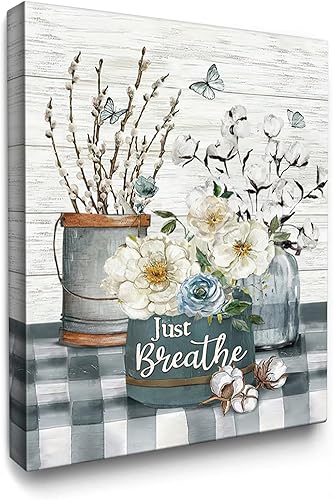 Luslya Arte de pared rústico de algodón blanco con diseño de flores de algodón con texto en inglés "Just Breathe", pintura de baño, pósteres
