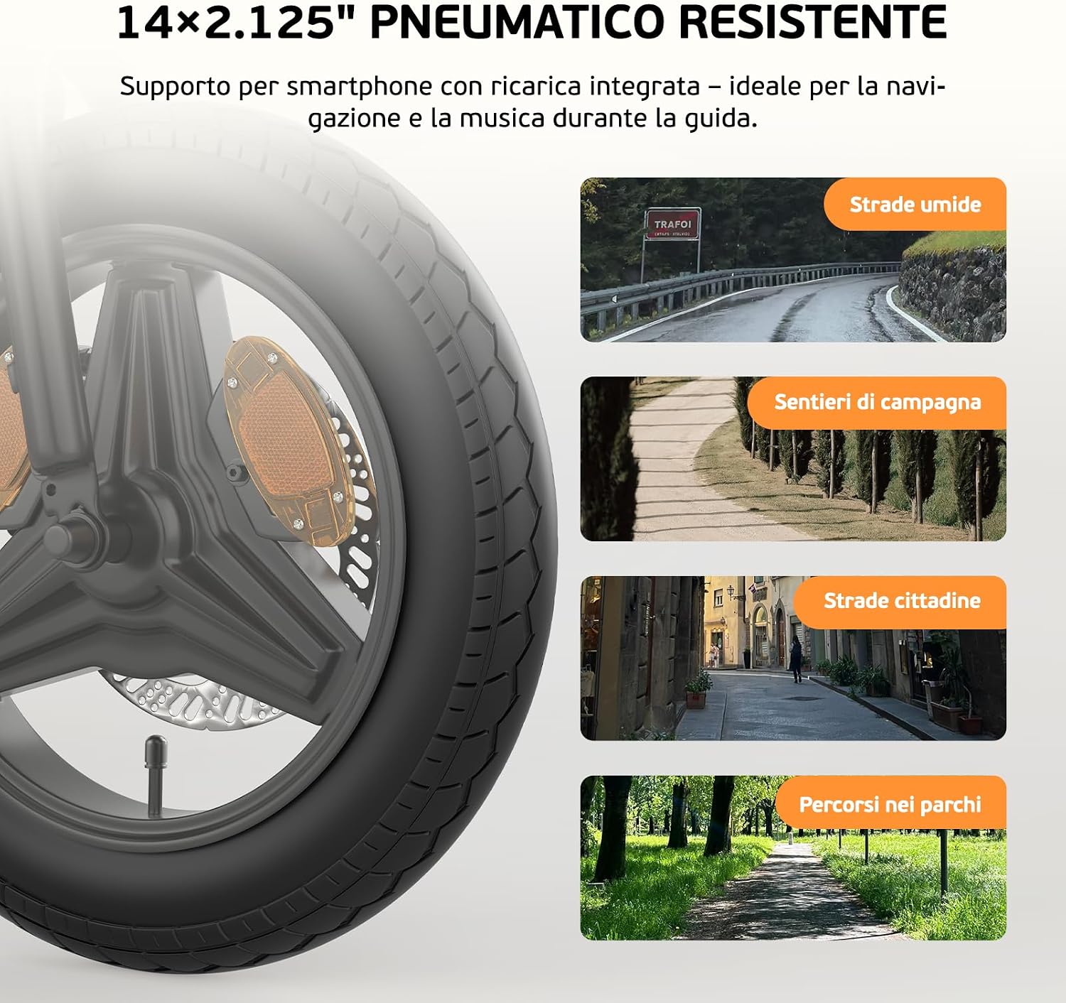 Close-up of the 14x2.125 inch durable tire, with images showing its suitability for wet roads, country paths, city streets, and park trails.