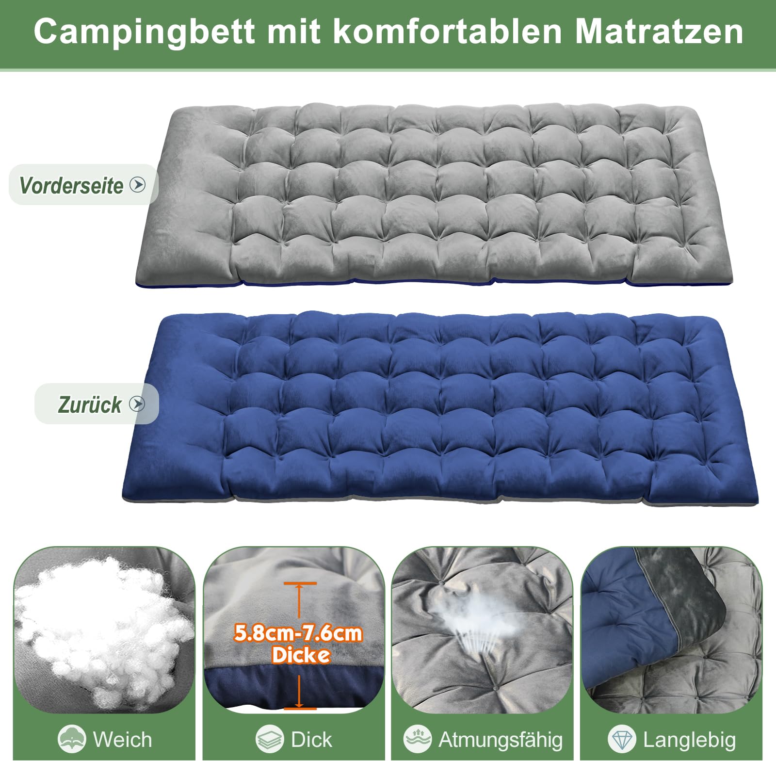 Liege Klappbar – 200 kg Tragkraft, klappbare Gästebett mit Matratze, Seitentaschen, Verstellbarer Kopfstütze und Rückenlehne – Sonnenliege für Büro, Terrasse, Garten, Camping und Sonnenbaden