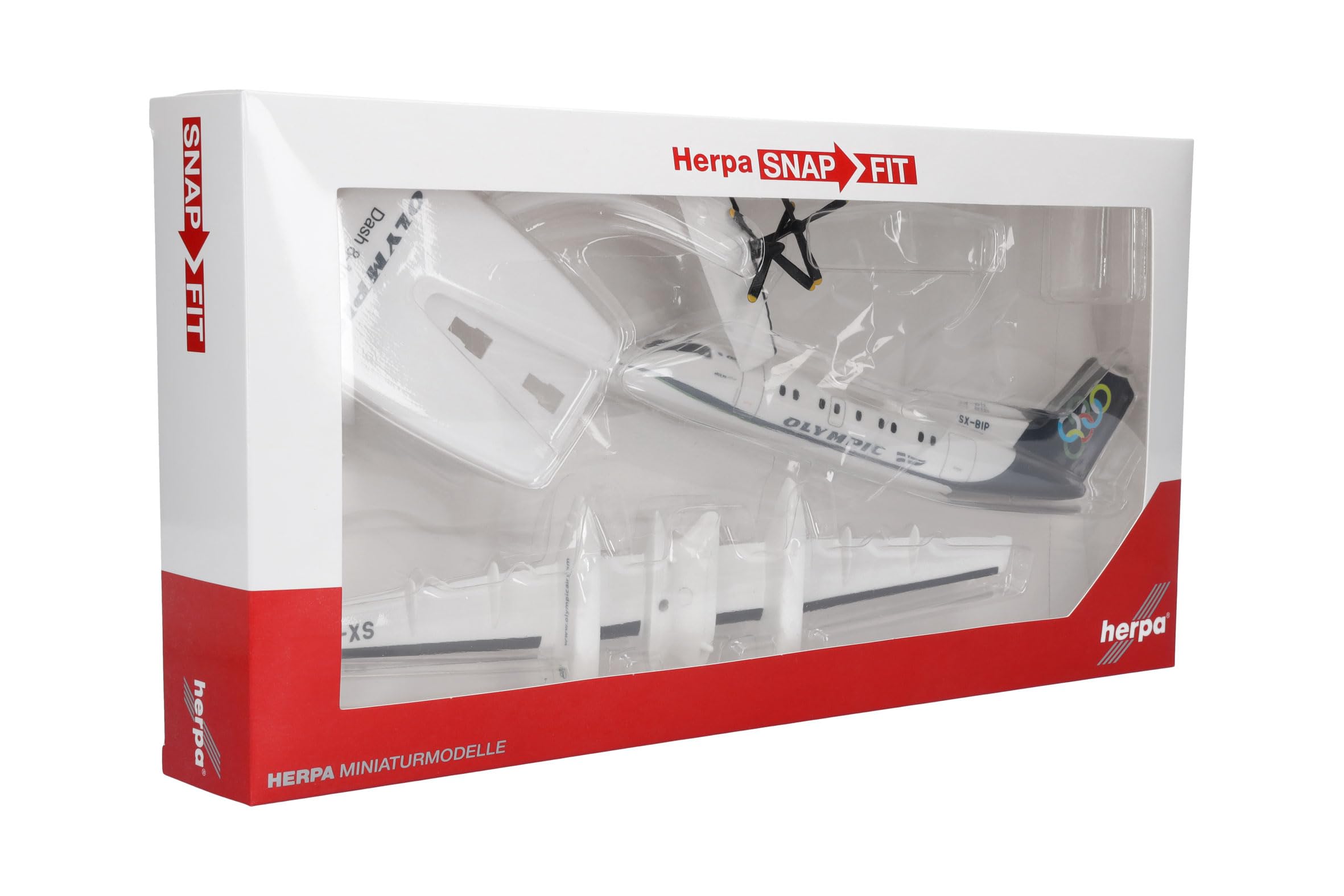 Herpa modello di aereo Olympic Air DHC-8-100, in scala 1:100 - Snap-Fit, pezzo da collezione, miniatura deco, statuetta con supporto in plastica