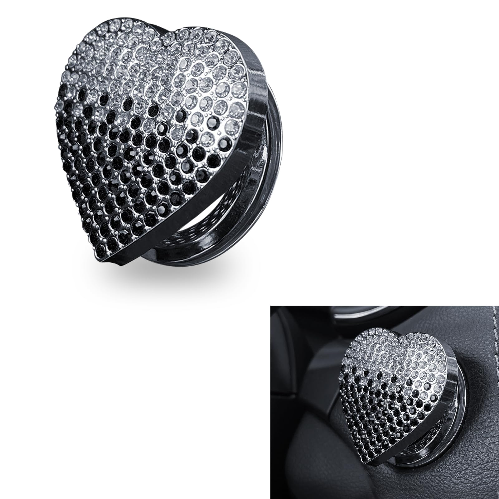 1 PC Bling Car Engine Start Button Cover, Rhinestone Heart-Shaped Shiny One-Button Start Decorative Sticker, Anti-Accidental Touching Scratch Protective Cover, Universal for Car (White & Black)