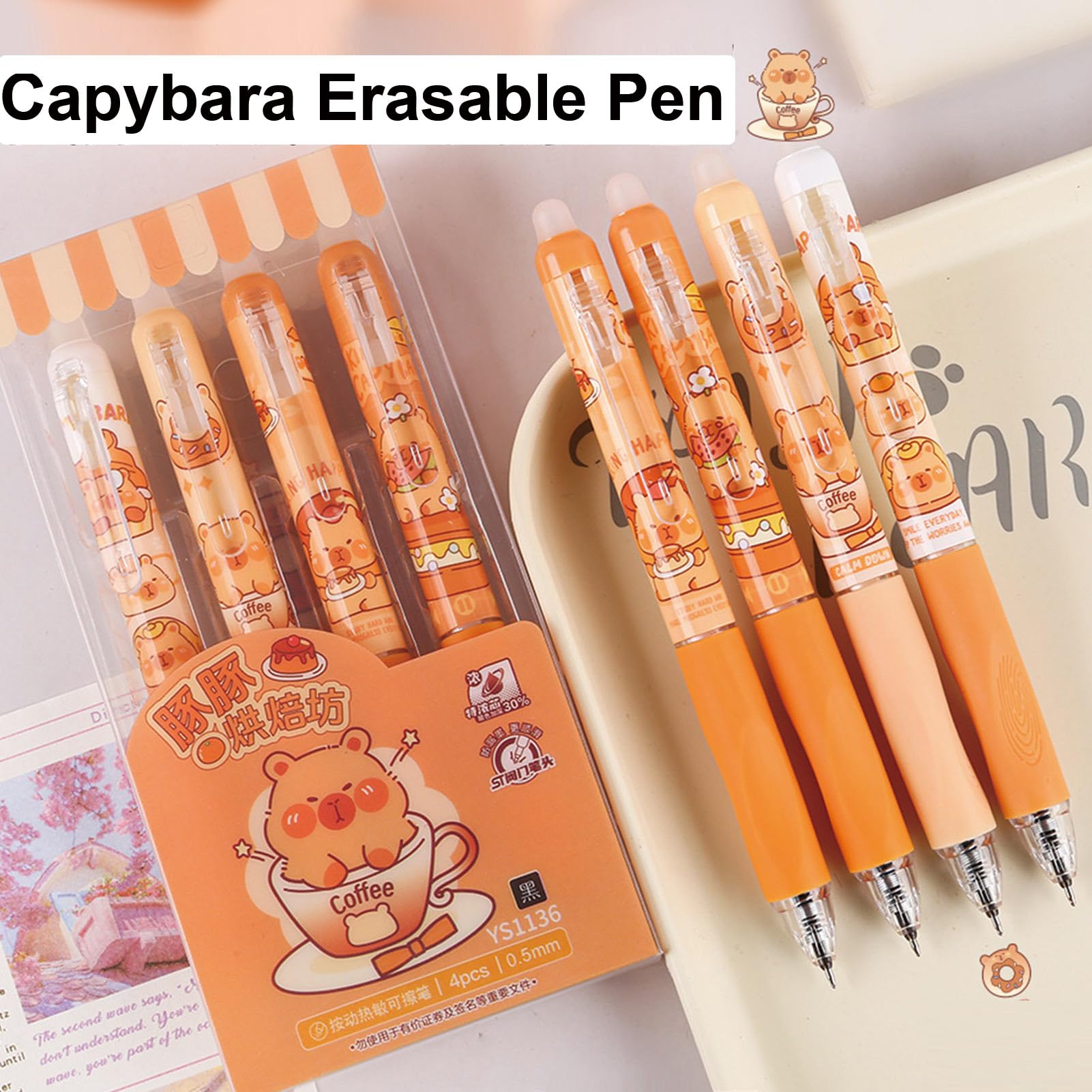 4 Pcs Erasable Gel Pens Cute Retractable Pens Cartoon Capybara Erasable Pen 0 5mm Black Ink Writing Pen — view 3