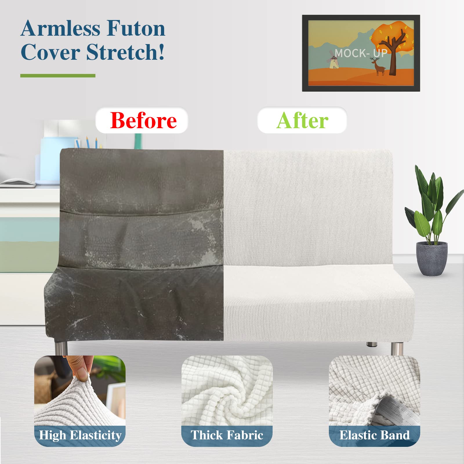 Jaotto Copridivano 2/3 Posti Senza Braccioli Elasticizzato, Fodere Copridivano Letto Antigraffio Resistente all'Acqua, Copridivano Clic Clac Jacquard Pieghevole Antiscivolo per Casa Soggiorno,Panna