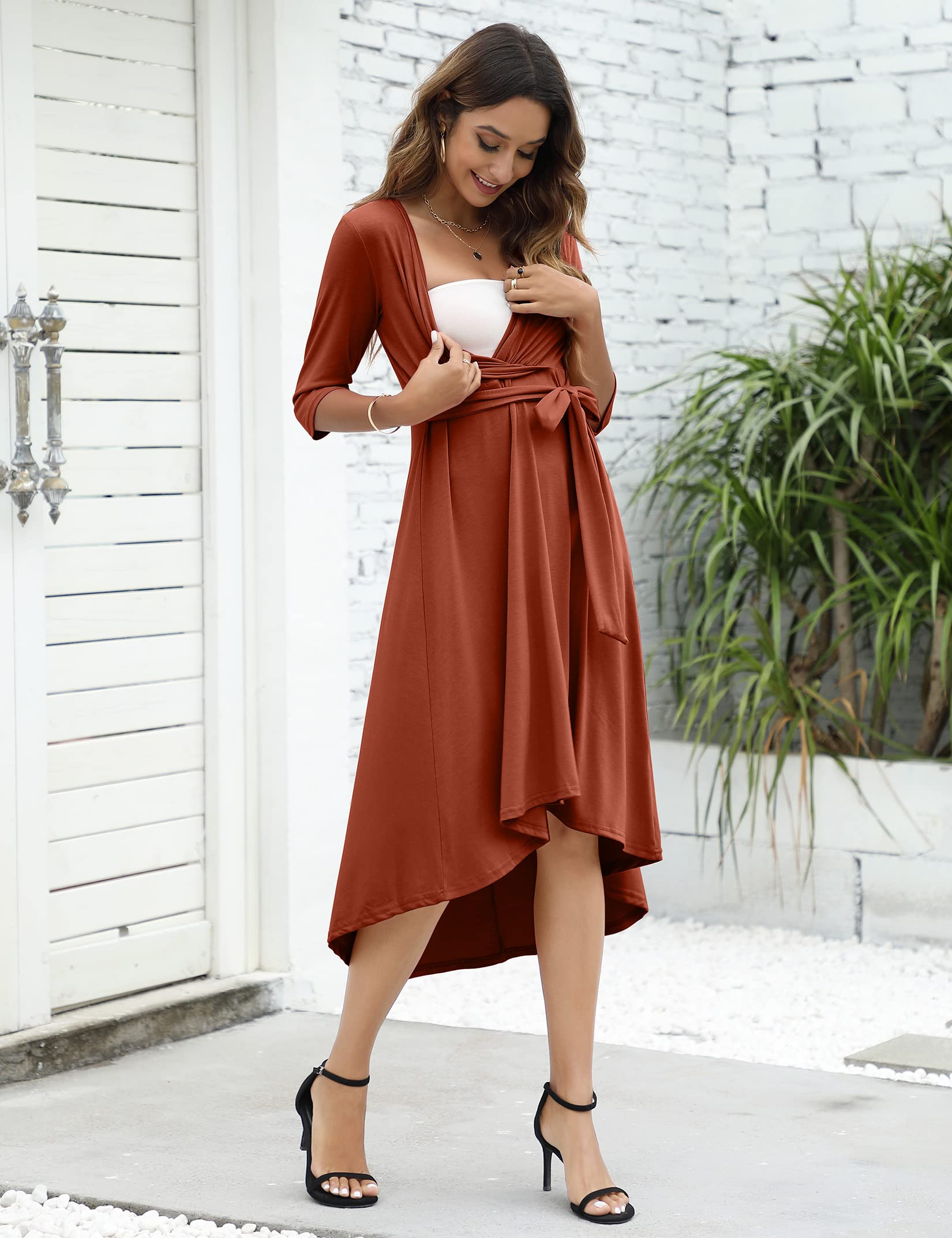 KOJOOIN Vestido de maternidad para mujer, vestido festivo de lactancia, cuello en V, manga 3/4, vestido de maternidad con cinturón de cintura (embalaje múltiple)