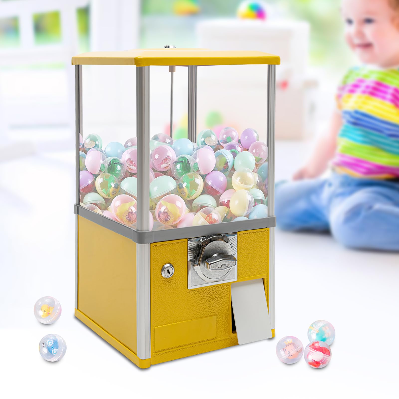 Coin Operated Vending Machine, 25 Cents Coin Capsule Toy Dispenser, Gumball Machine for Kids, Holds 200 Capsule Toys, Candy Machine with Security Lock for Game Stores, Home, and Commercial (Yellow)