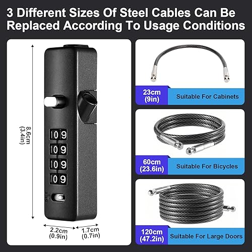 Miniatura 2 de Candado de cable combinado, cerradura de cadena de 4 dígitos, 3 cuerdas de acero reemplazables (9, 23.6, 47.2 pulgadas) con revestimiento de PVC de