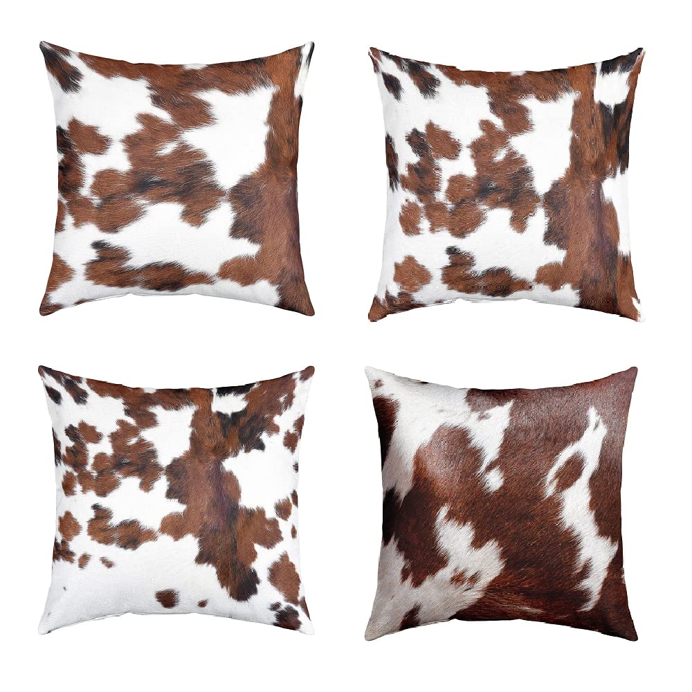 Set von 4 Kuhfell Kissenbezüge 40x40, Western Home Decor, Kuhfell Braun Weiß Schwarz Dekorative Kissenbezüge, Bauernhaus Tier Cowboy Kissenbezüge für Sofa Sofa Outdoor Auto