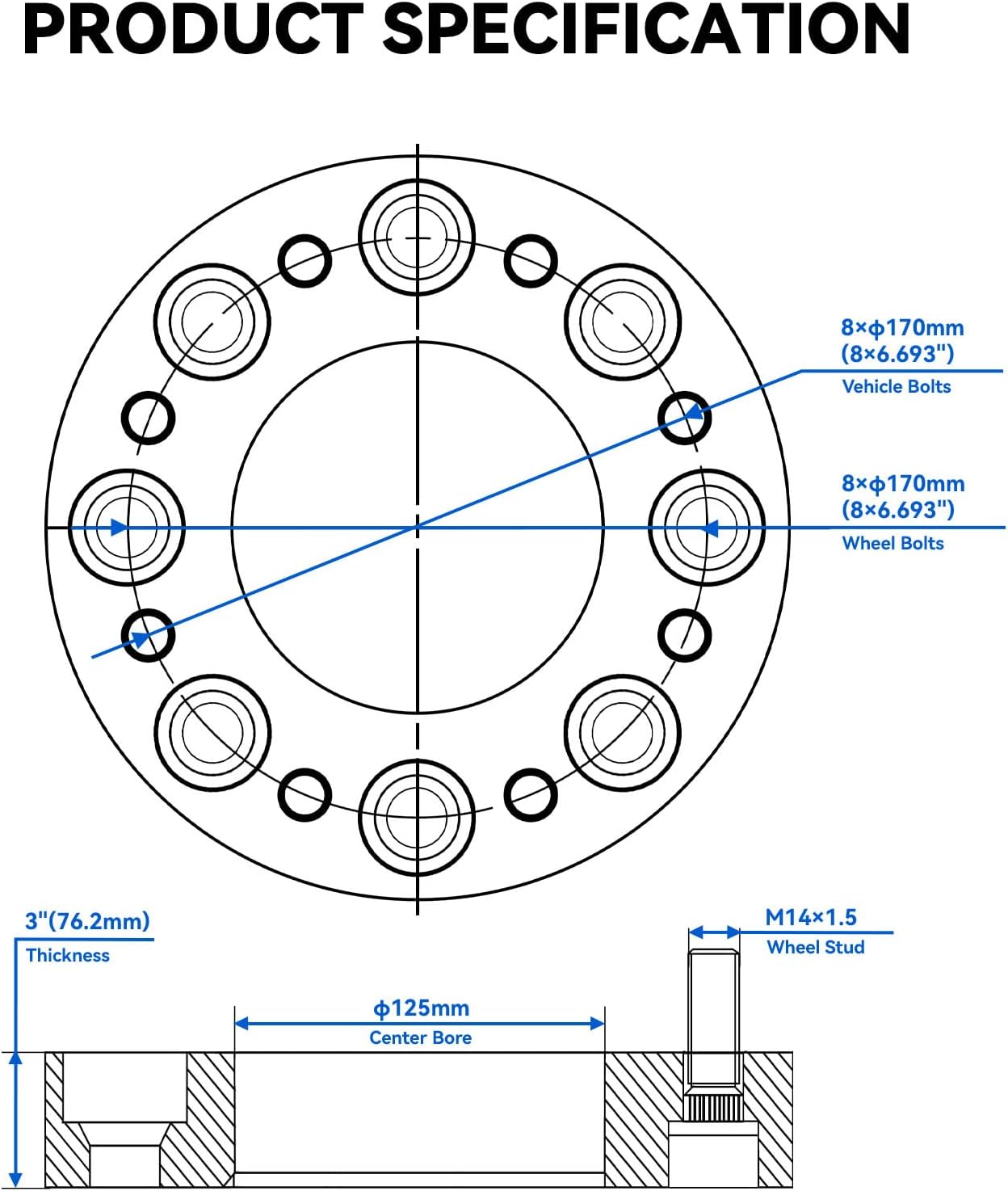 KAX 8x170mm Wheel Spacers 3 inch for F-2-50 Super Duty, 8 Lug Spacers with 125mm Hub Bore M14x1.5 Studs for E-250, F-3-50 Super Duty, Excursion, 4pcs 8x170mm Aluminum Tire Spacer