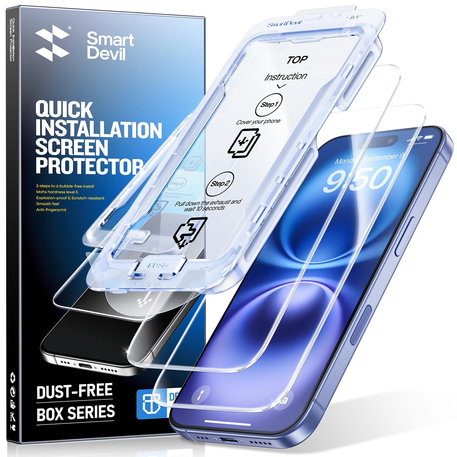 SMARTDEVIL 2 Pack Screen Protector for iPhone 16 (6.1 Inch) Tempered Glass, HD Clear Film, Easy Installation, Dust-Free & Bubble-Free