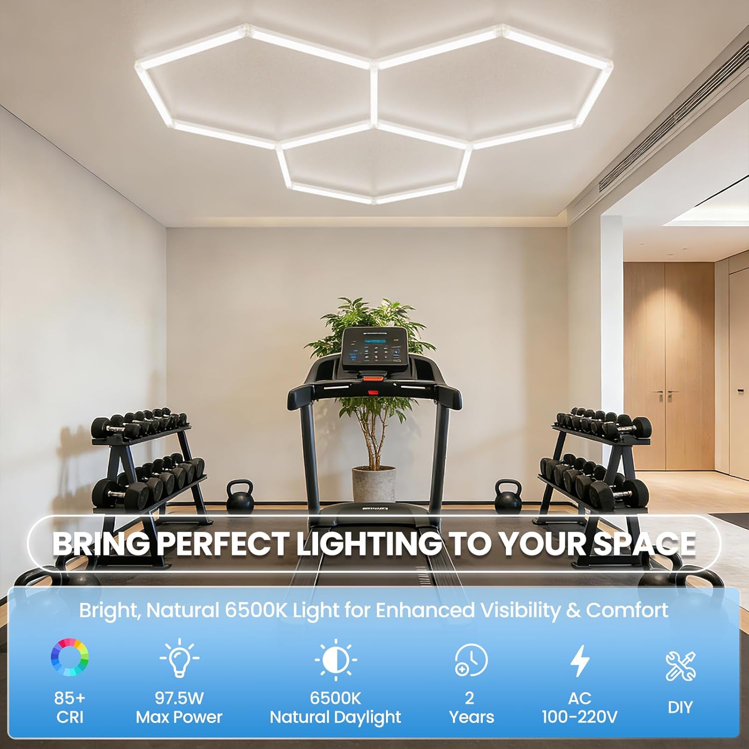 Hexagon Garage LED Ceiling Light 98W, 11700 Lumens, 6500K Ultra-Bright Expandable DIY Design Ideal for Auto Detailing, Workshops, Basements, Barber Shops, Gyms, and More (3 Pack)