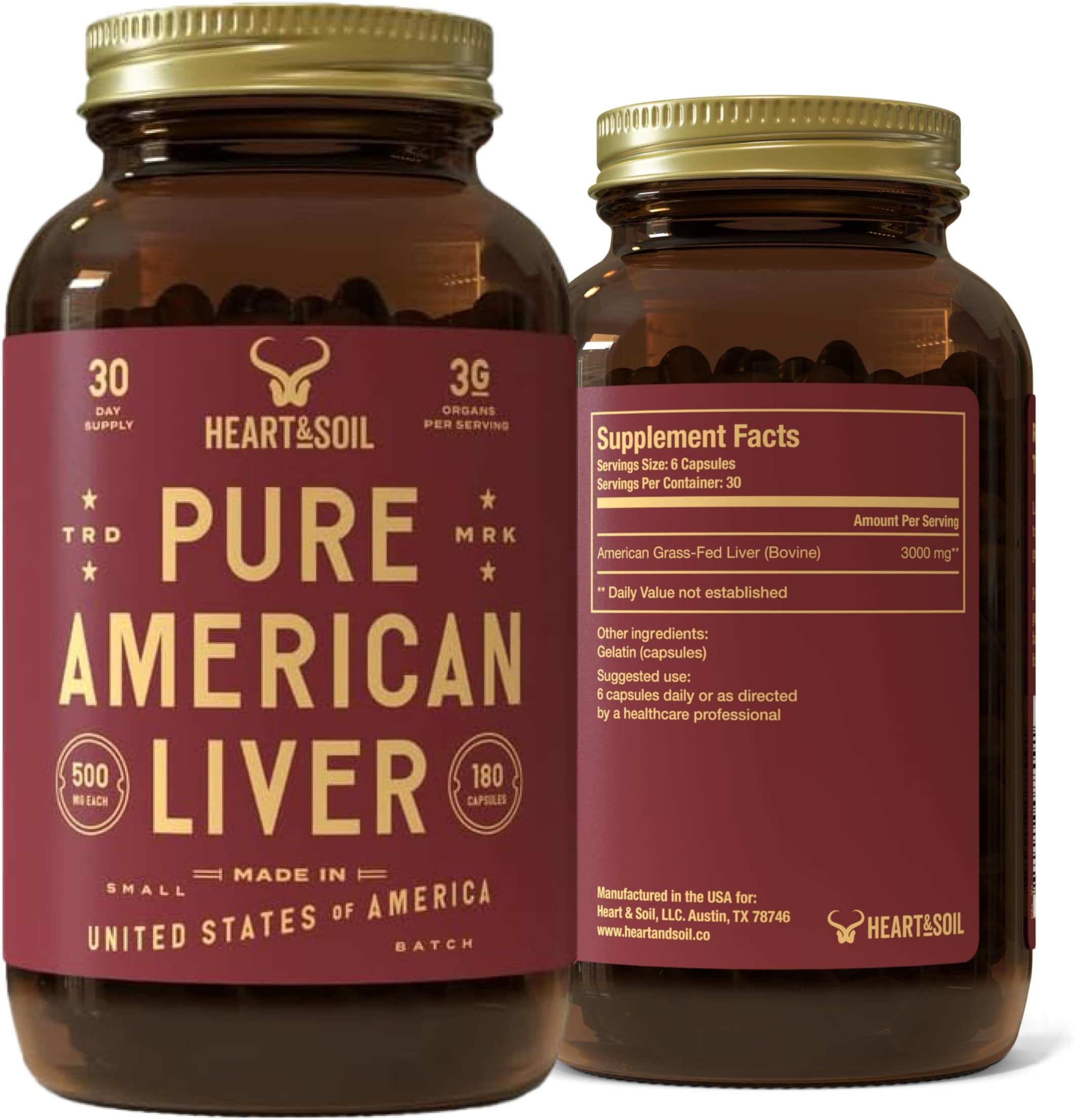 - HEART & SOIL 100% Grass Fed & Finished Pure American Beef Liver Supplement from Pasture-Raised Cattle – Beef Liver Capsules – Nature’s Ultimate Superfood – Made in USA – Glass Bottle – 180 Capsules