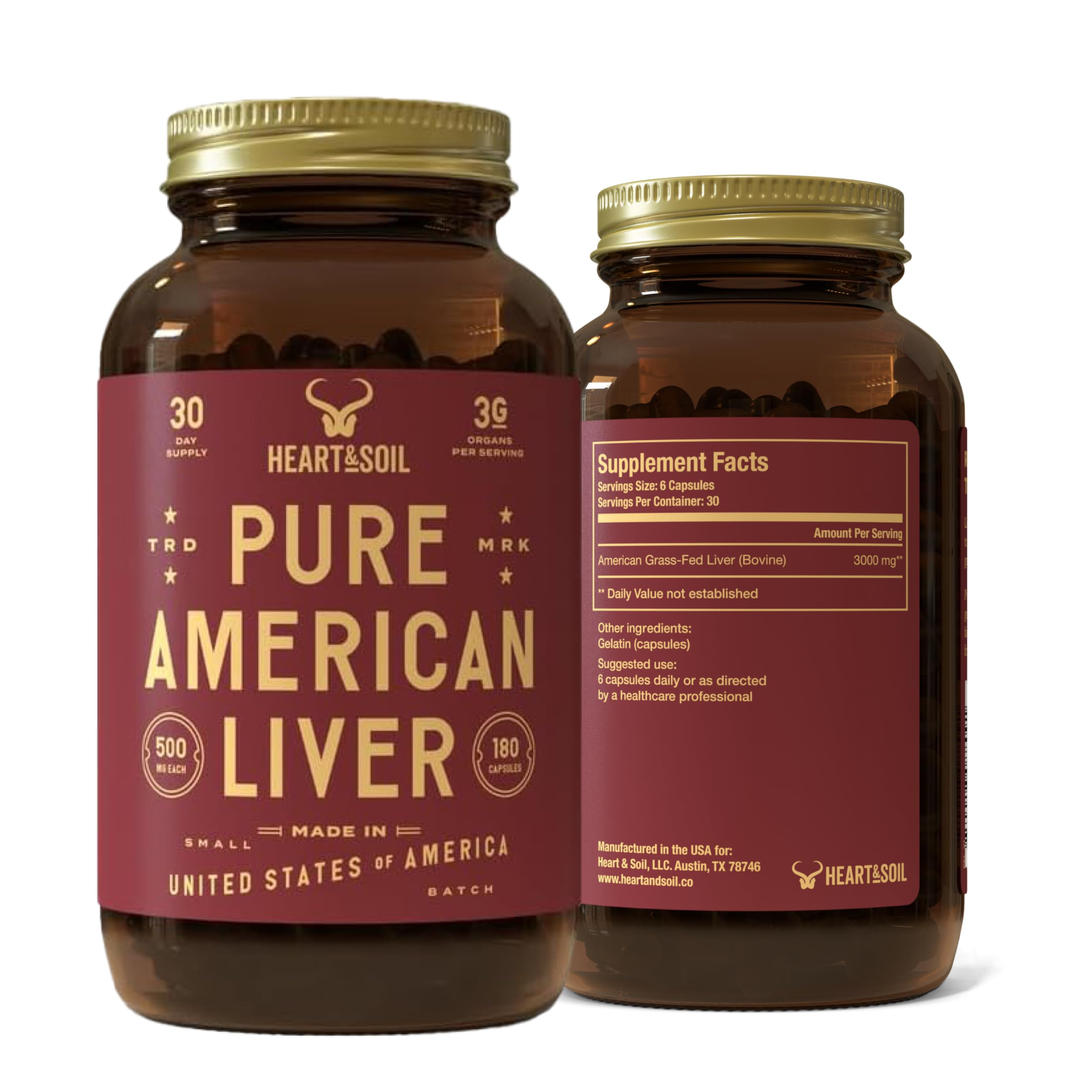 HEART & SOIL100% Grass Fed & Finished Pure American Beef Liver Supplement from Pasture-Raised Cattle – Beef Liver Capsules – Nature’s Ultimate Superfood – Made in USA – Glass Bottle – 180 Capsules